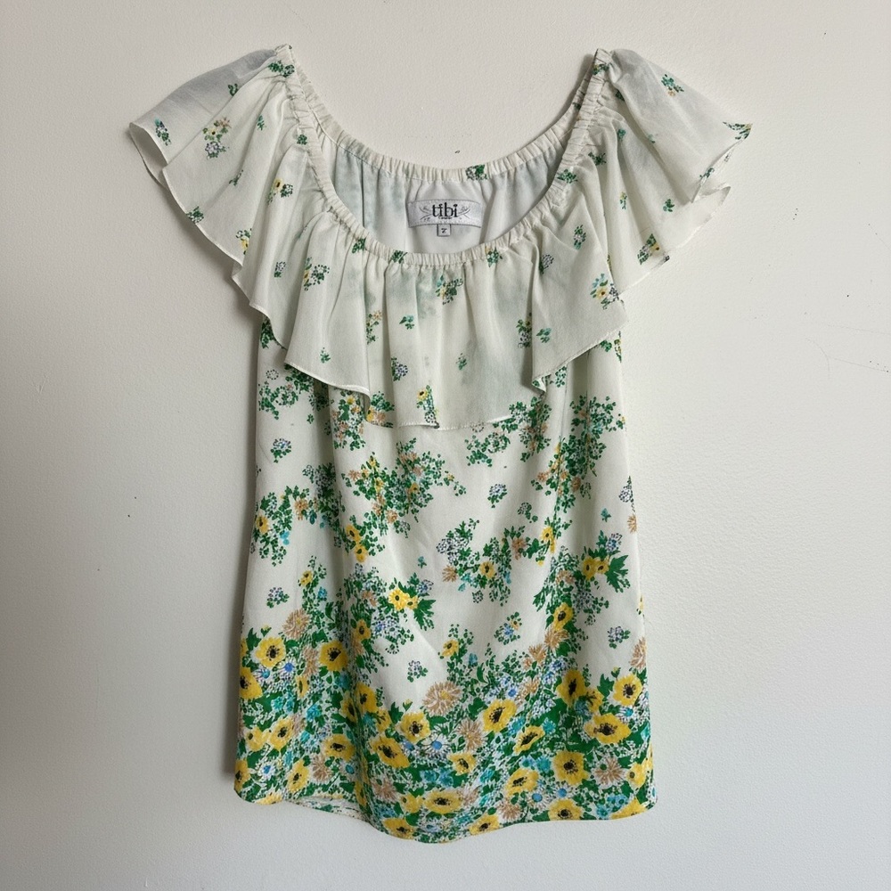 Tibi • Green and White Ruffled Sleeveless Blouse